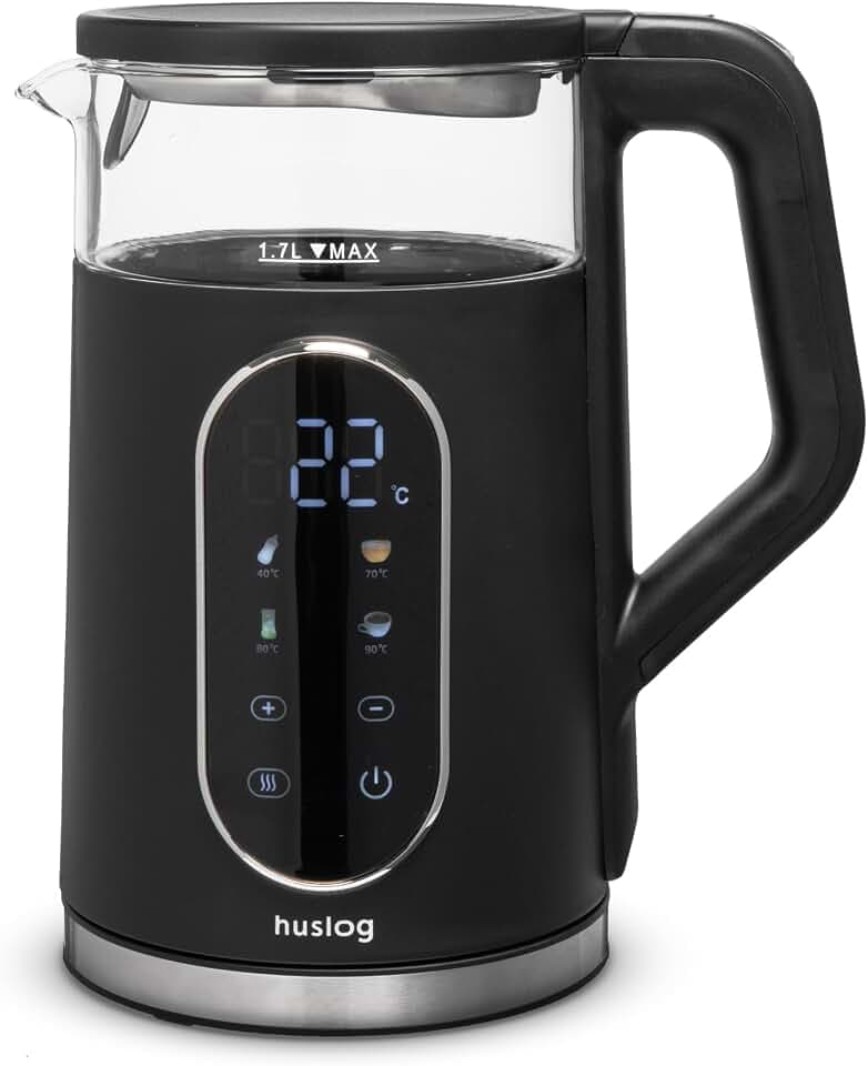 Elektrischer Wasserkocher mit Temperaturanzeige Glas 1,7L 2200W Touchpanel LED Display Warmhaltefunktion glaswasserkocher temperatureinstellung Edelstahl Schwarz