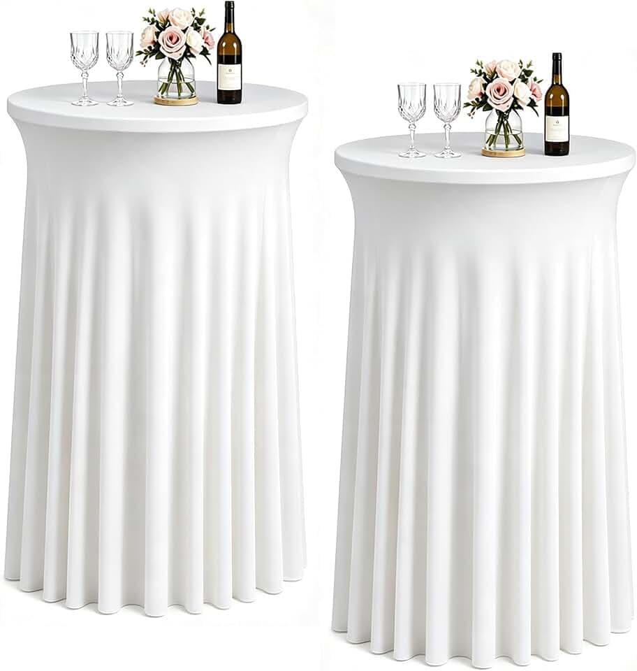 2 Packs Round Spandex Cocktail Table Skirt 32"x 43" Spandex Stretch Cocktail Tablecloth with Wavy Drapes, White Spandex Fitted High Top Round Table Covers for Wedding Bar Party Birthday Banquet Tables