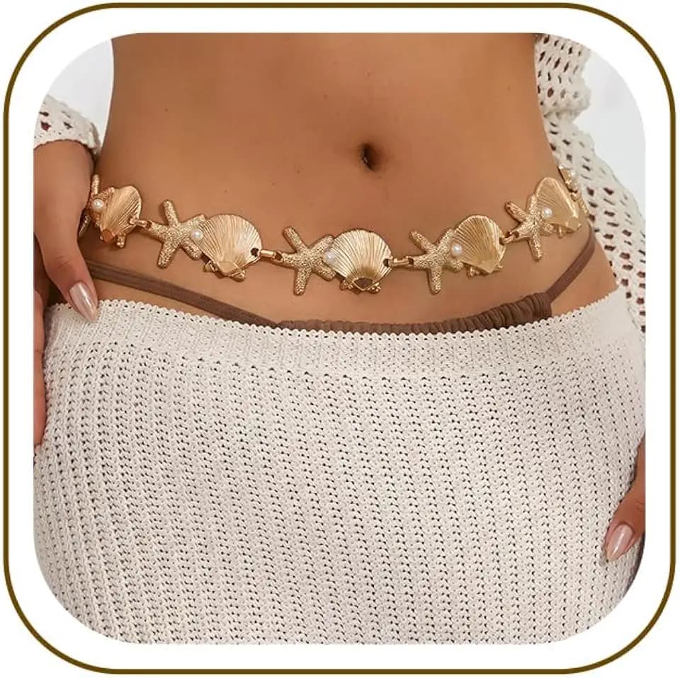 Gold Starfish Seashell Waist Chain Belt for Women Boho Shell Beaded Bikini Body Belly Chain Seashell Jewelry for Summer Beach Vacation