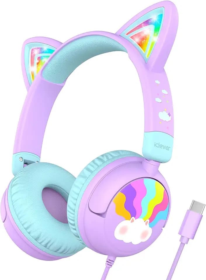 iClever HS25 USB Typ C Kopfhörer Kinder LED Katzenohr Kleinkind Mädchen