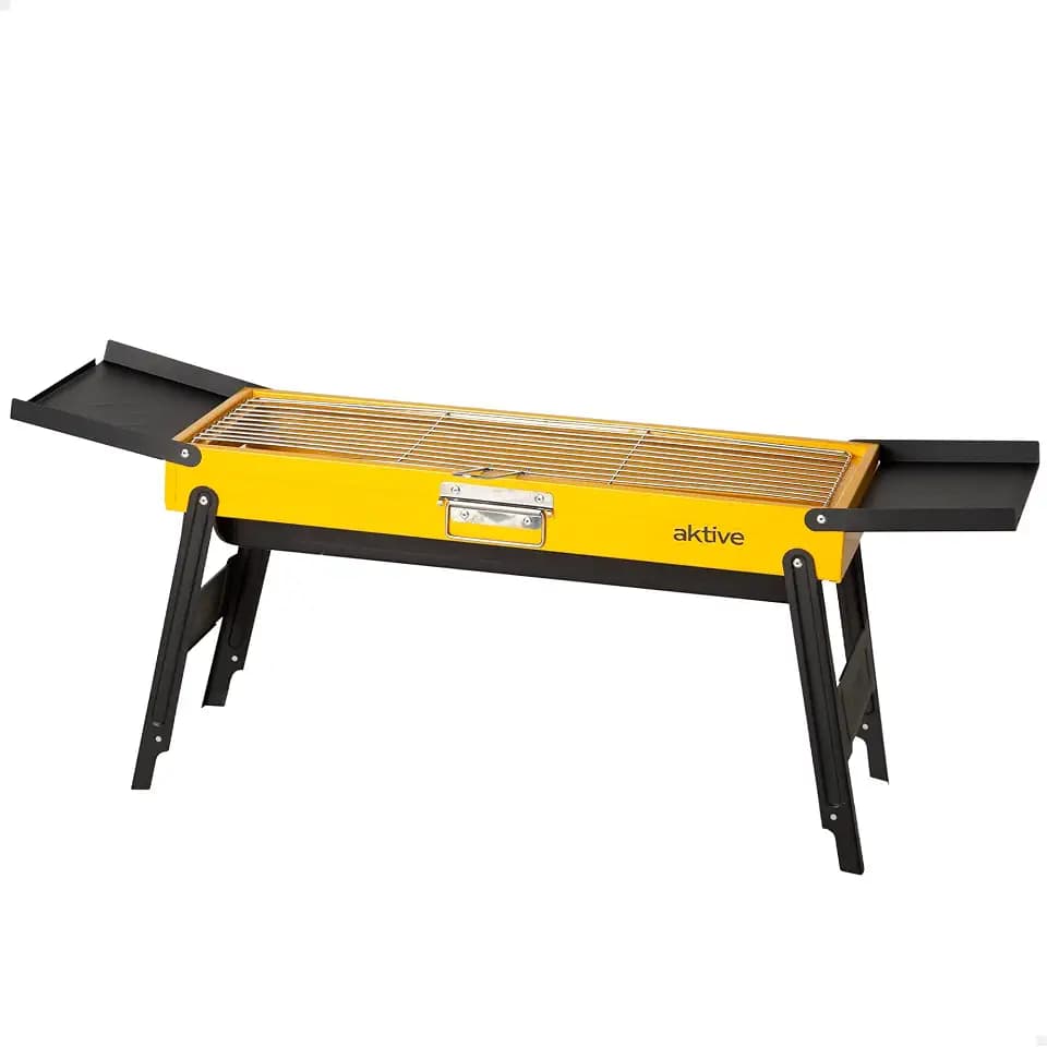 AKTIVE 63123 Klappbarer Holzkohlegrill, emaillierter Stahl, 89 x 22 x 32 cm, mit seitlichen Ablagen und Edelstahl-Grill, tragbares Design, optimal für Garten und Camping