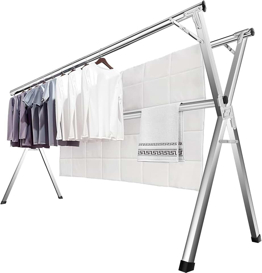 JAUREE 200cm Wäscheständer, Faltbarer Kleiderständer für drinnen und draußen, robuster Edelstahl Wäscheständer ständer, tragbarer, großer Kleiderständer stabil mit 20 winddichten Haken