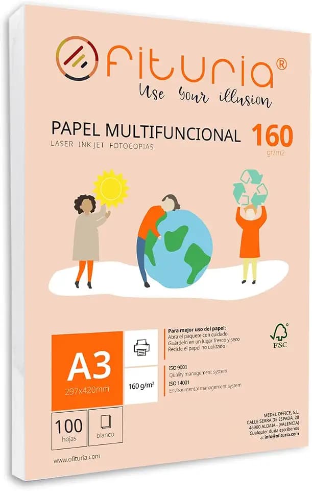 Packung mit 100 weißen DIN A3 Blättern, 160g Druckerpapier. Multifunktionales Kopierpapier für Schule und Büro. Ideal für Laserdrucker, Tintenstrahldrucker oder Kopierer – Ofituria