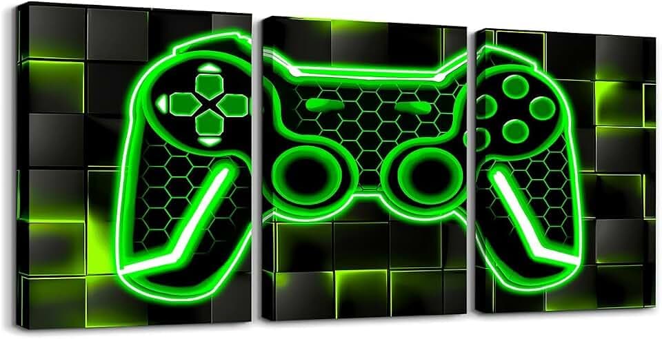 Loussiesd Gamer 3er Poster Set für Wohnzimmer Grün und Schwarz Bild Leinwandbilder Gaming Ombre Büro Wandbilder Geometrische Quadrat Deko Bilder