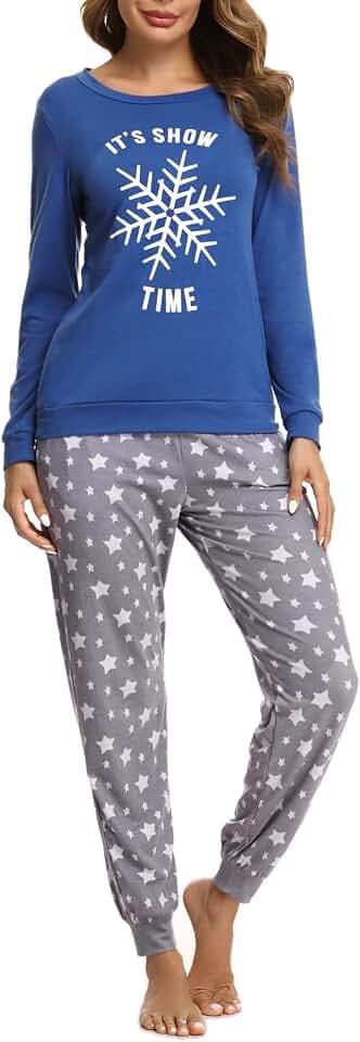 Bresdk Schlafanzug Damen Lang Baumwolle Süßer Pyjama mit Bündchen in XS-XXL
