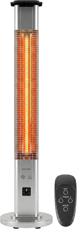 SereneLife Outdoor Electric Patio Heater - 1500W High-Efficiency Infrared Heating, Remote Control Standing Heater with Aluminum Reflector, Waterproof Design, IP65 Approved, Quiet Operation