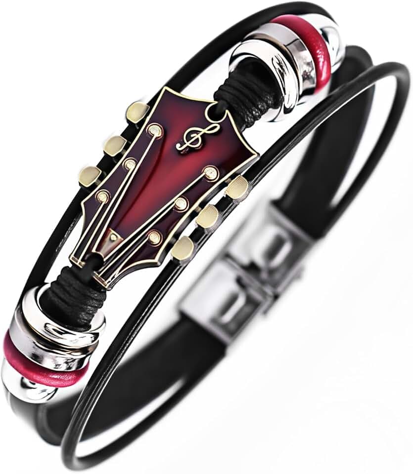Retro Guitar Leather Bracelet for Man Women Unique Bead Braided Handmade Ethnic Tribal Cuff Multi-Layer Cords Wrap Music Shape Punk Rock Jewelry Gifts Wristband