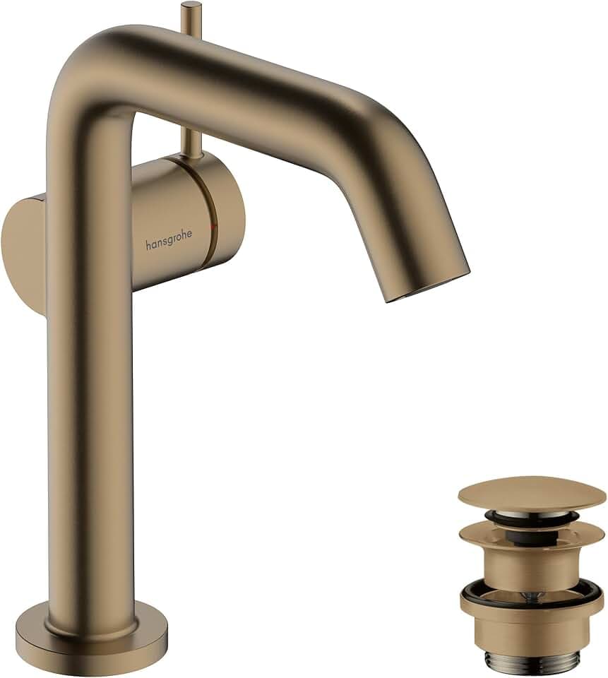 hansgrohe Tecturis S Fine - Waschtischarmatur mit Push-Open Ablauf, energiesparend (CoolStart), Wasserhahn Bad Auslauf Höhe 150mm, Mischbatterie Waschbecken wassersparend (EcoSmart+), Brushed Bronze