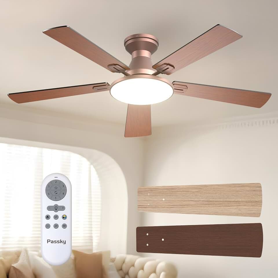 Passky 52 Inch Brown Low Profile Ceiling Fans with Lights and Remote