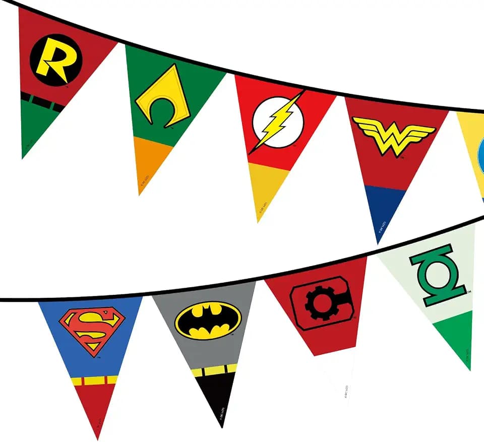 Superhero Logo Party Banner - 9 Vibrant Polyester Flags Pre-Assembled for Hero Decor, Kids Birthday Supplies, Classroom Theme, Reusable Celebration Signage(106.3in*11.1in)