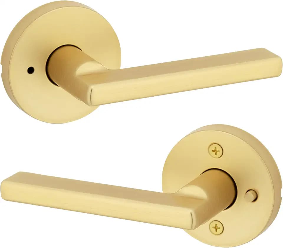 Kwikset Halifax Interior Privacy Door Handle with Lock, Door Lever for Bathroom and Bedroom, Satin Brass Reversible Keyless Push Button Lock Door Lever