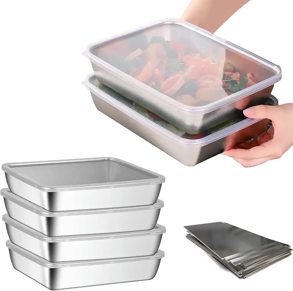 Epunk Lebensmittelbehälter-Set aus 304 Edelstahl mit Deckel, luftdicht, 25,5 x 20 x 5 cm, spülmaschinenfest, für Mahlzeitenvorbereitung, Kühlschrankaufbewahrung (BPA-frei), 4-teilig