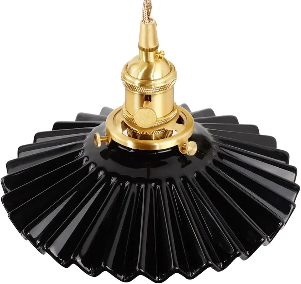Shenmoyl Pendant Light with Black Pleated Ceramic Lmapshade, Brass Vintage Pendant Light Adjustable Hanging Light for Kitchen Island Dining Room Hallway 7.87 Inch Diam