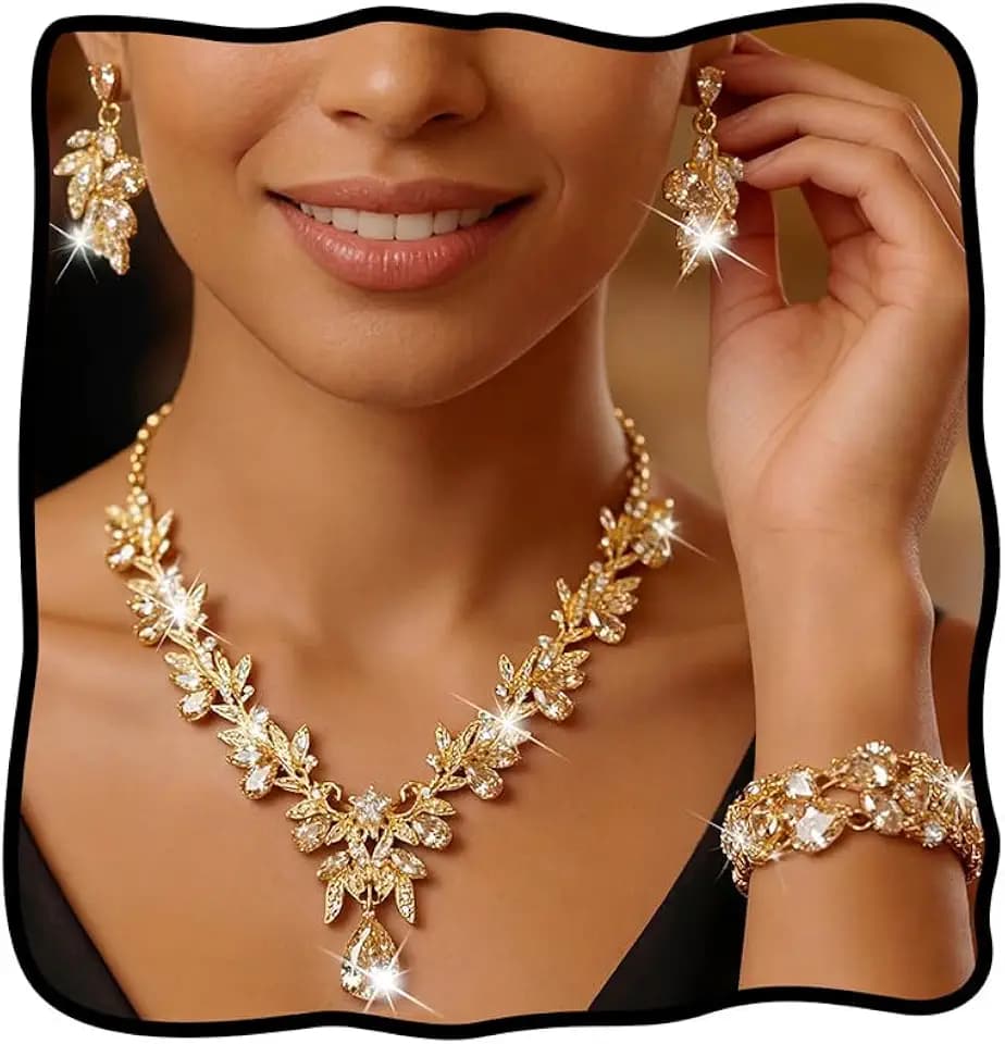 Unicra Gold Jewelry Sets Rhinestone Wedding Necklace Earrings Bracelet Set Prom Formal Indian Costume Jewelry for Women and Brides