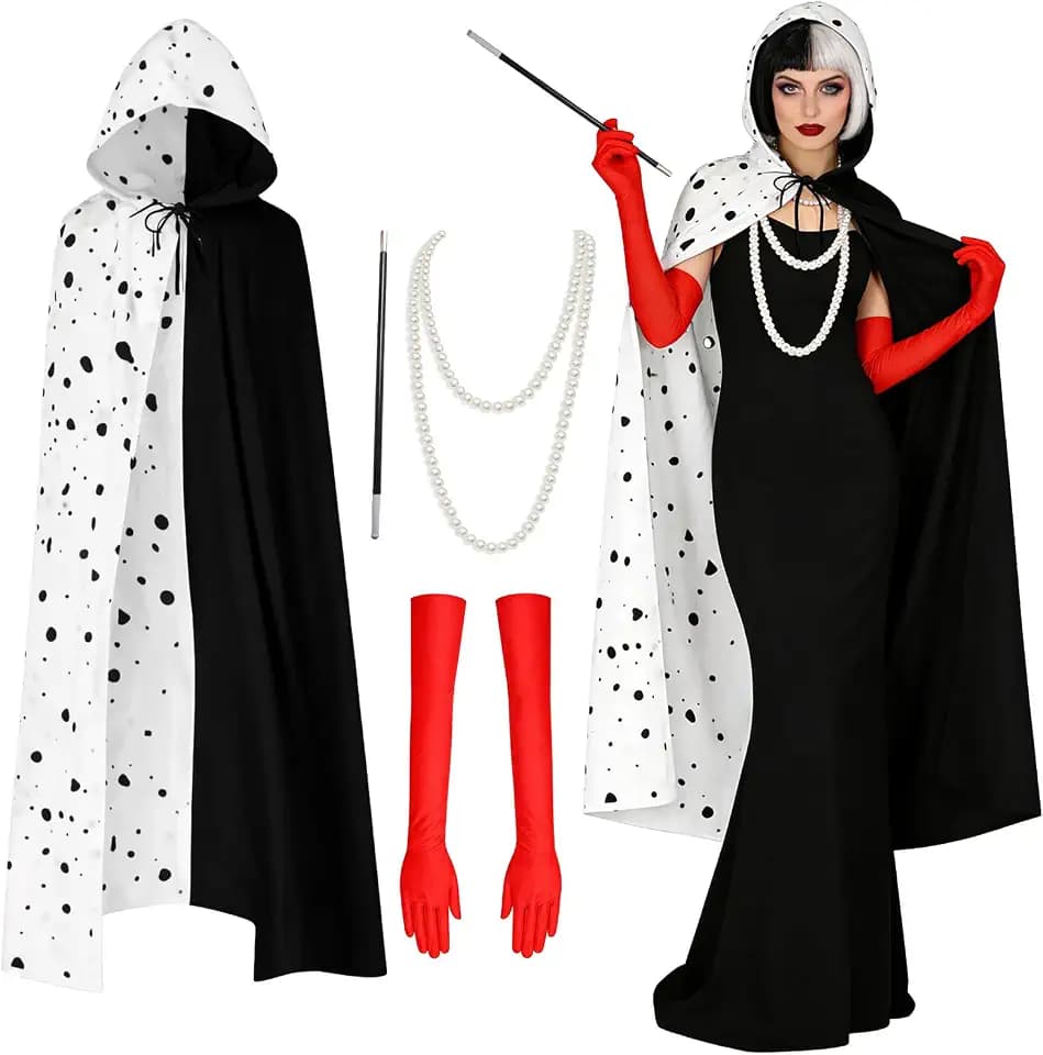 Black White Villain Costume for Women Dalmatian Cape Red Gloves Pearl Necklace Halloween Costume Set for Party Dress Up