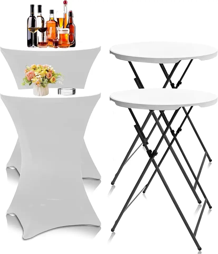 Camp Field 32in Folding Cocktail Tables with Covers, 2 Pack, White