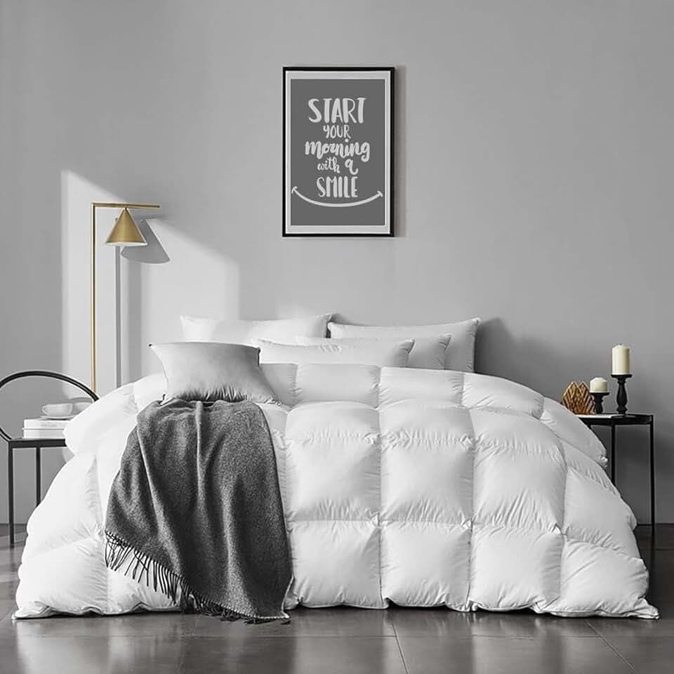 APSMILE Organic Full Size Feathers Down Comforter - All Seasons 100% Cotton Quilted Duvet Insert, Medium Warm Bed Comforter with Corner Tabs (82x86 Inch, Ivory White)
