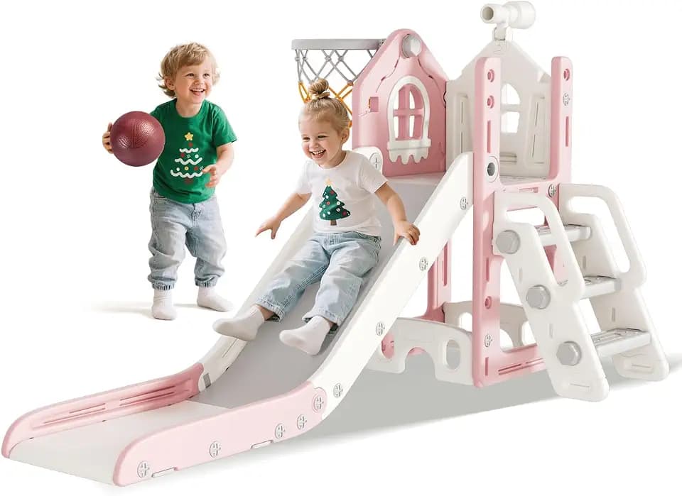 BIERUM 6 in 1 Toddler Slide for Toddlers Aged 1-3 Indoor Playset Pink