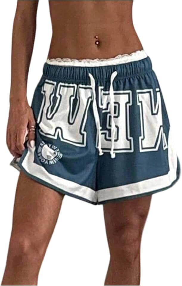 WDIRARA Women's Letter Graphic Athletic Shorts Drawstring Elastic Waist Split Workout Shorts Streetwear