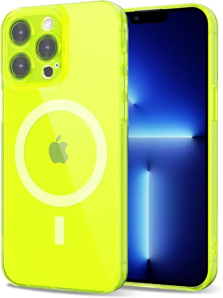 Svanove for iPhone 13 Pro Max Case Clear Compatible with Magsafe Silicone, Bright Transparent Thin Magnetic Mag Safe Case Cute, Girly Slim Hard Camera Cover Protection, Fluorescent Neon Green Lime