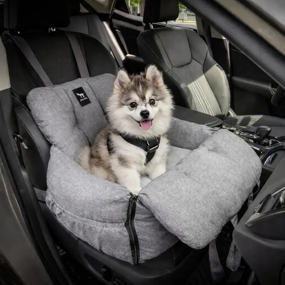 JACKO & CO V2 Premium Hundeautositz & Sitzerhöhung für kleine und mittelgroße Haustiere – fest – unter 12 kg, Welpen, Katzen/Reisetrage Bett & Tasche, Clip-On-Leine (Grau Klein, 1-12kg)