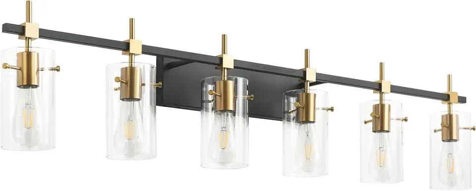 SOLFART 49.2 inch Vanity Light fixtures Vintage 6 Lights Wall Light Fixtures Above Mirror for Bathroom Brass and Black with Clear Glass Shade (Exclude Bulb)