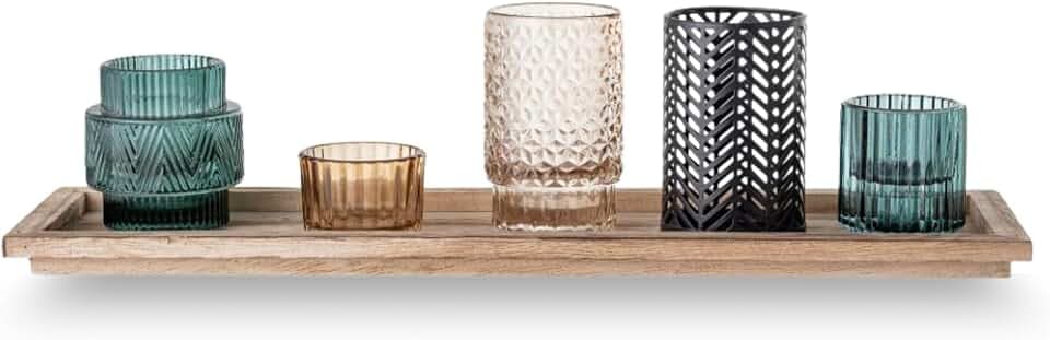 Bloomingville Sanga Windlicht-Set – Holztablett mit 5 farbigen Glas-Votivgläsern (6-teilig, 43×10,5×12,5 cm) – Skandinavische Deko für Wohnzimmer, Esstisch & Fensterbank