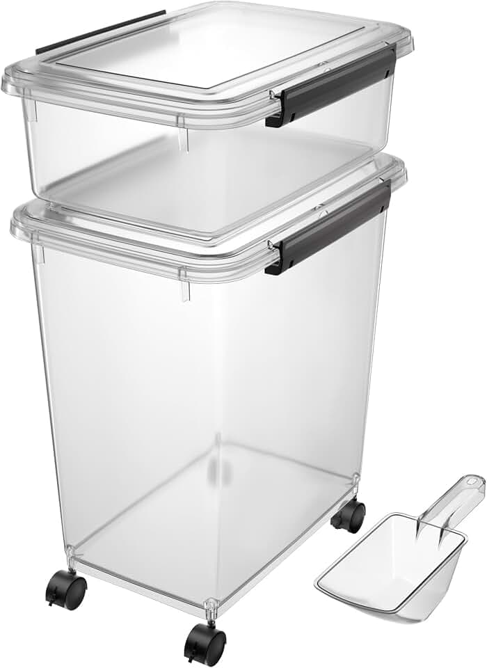 Cetomo Hundefutterbehälter, Luftdichter Futterbehälter mit Rollen, Silikondichtung und Schnappverschlüssen, Kunststoff-Futterbehälter mit Deckel für Hunde, klar, 10L+32L, 3.5kg+12kg (1 Schaufeln)