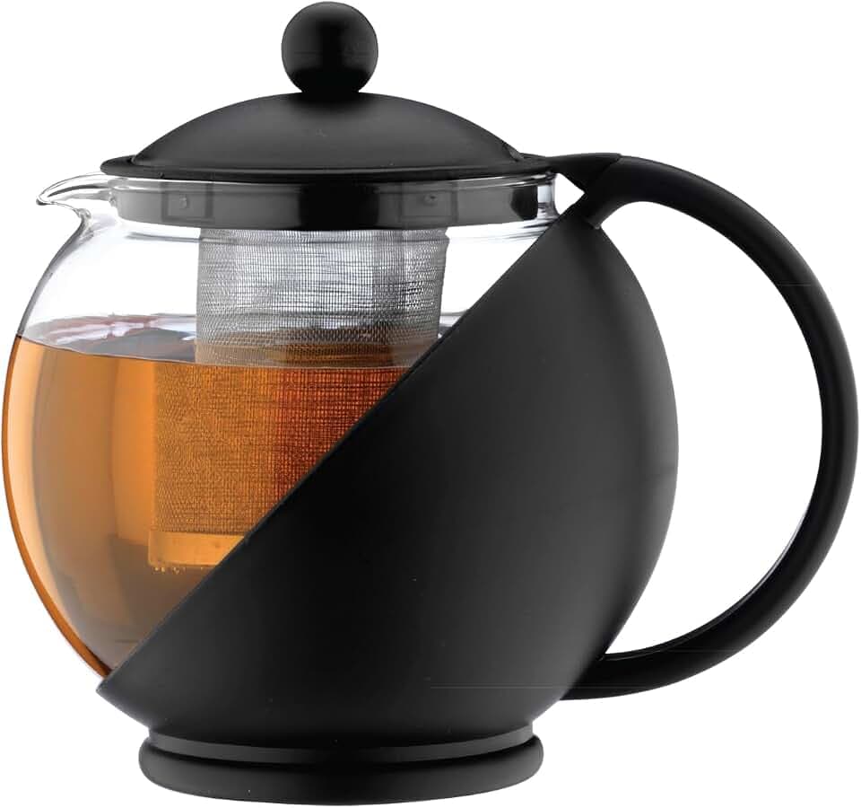 Café Olé Everyday Round Tea Pot Infuser Basket Glasteekanne Loose Leaf 700 ml/24 oz, Schwarz, 700ml / 0.7L