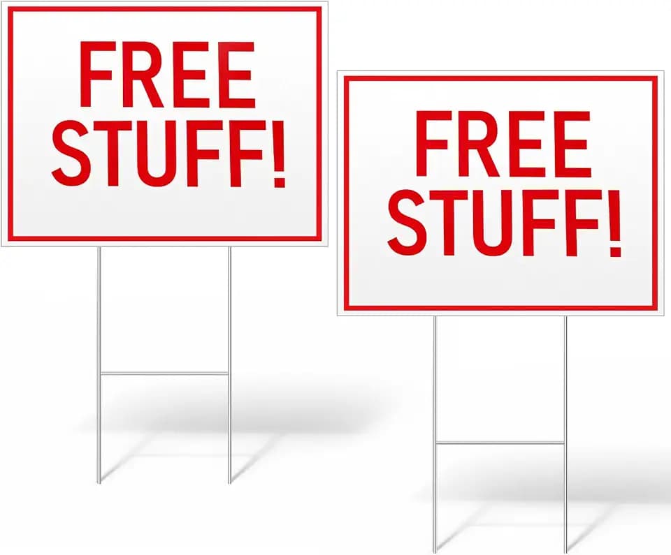 2 Pcs 18x24 Inch Free Stuff Yard Road Sign with H-stakes Double Sided Corrugated Plastic Yard Sign with Stand Weatherproof Lawn Marker for Outdoor Sales Advertising (red/white)