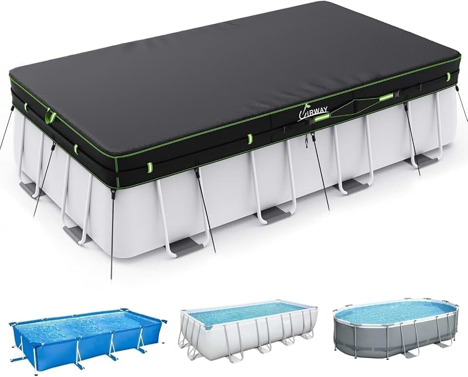UIRWAY 214 x 305 cm Poolabdeckung Rechteckig, 420D Winterabdeckung für oberirdische Pools, UV-beständige Poolplane mit Kordelzug und Bodenankern, stabile Befestigung und einfache Montage