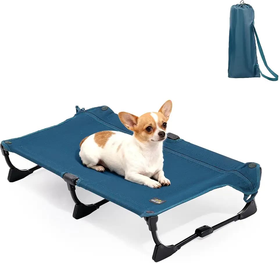 CANINE CANYON Upgraded Non-Slip Daisy Cot, Medium Foldable Elevated Dog Bed, Portable Raised Outdoor Dog Cot for Camping/Home, Chew Proof Waterproof Heavy Duty Up to 160 Lbs, Dark Blue, 32"x 23"
