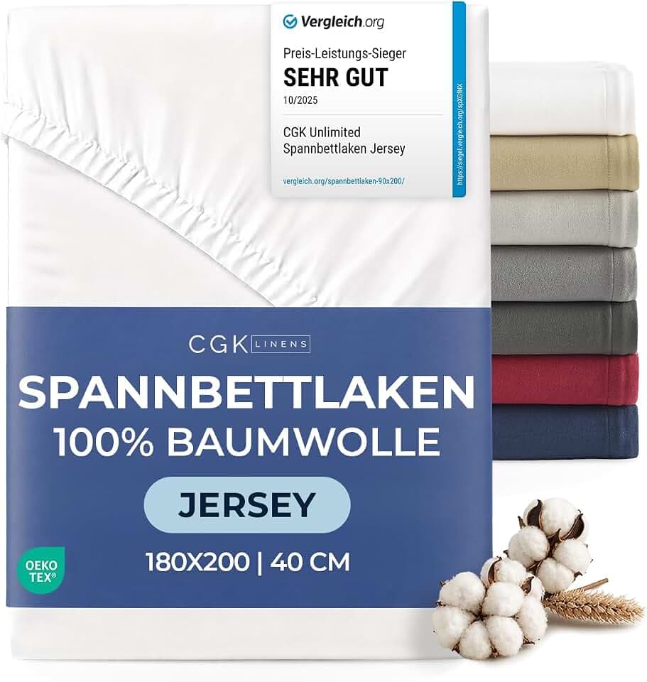 Spannbettlaken Jersey 180x200 - Baumwolle Boxspringbett 40cm tief - Weiß