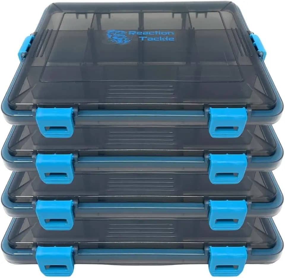 Reaction Tackle Standard Tackle Trays, Plastic Tackle Box Organizers with Four Secure Latches, Removable Dividers and Semi Transparent Lid for Fishing Storage - 3500 (4-Pack)
