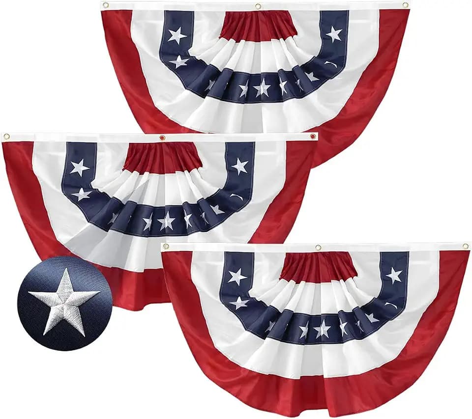 3 Pack American Patriotic Bunting 2x4 Ft USA Pleated Fan Flag Embroidered Stars & Sewn Stripes for Memorial Day, Patriots’ Day & 4th of July Outdoor Porch Fence Garden with Brass Grommets