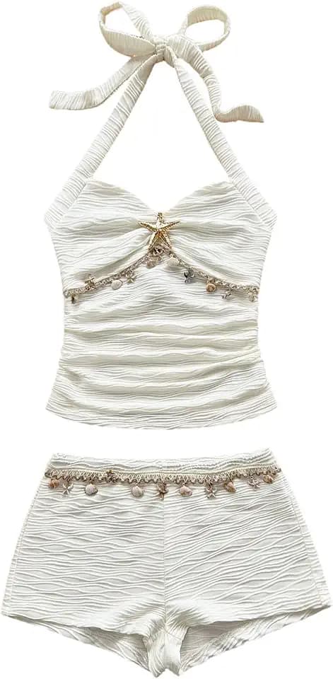 MakeMeChic Women's Vacation Outfits Starfish Halter Crop Tops Micro Shorts