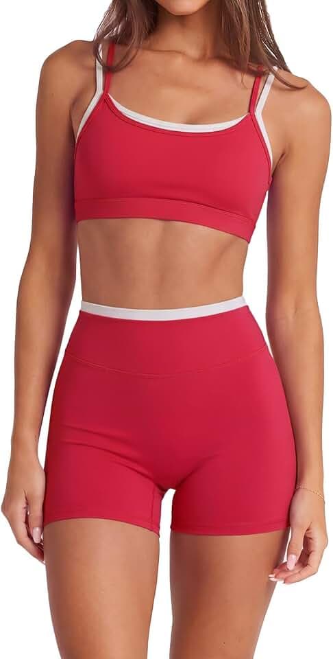 SUUKSESS 2 Piece Workout Sets Layered Sports Bra Yoga Gym Biker Shorts