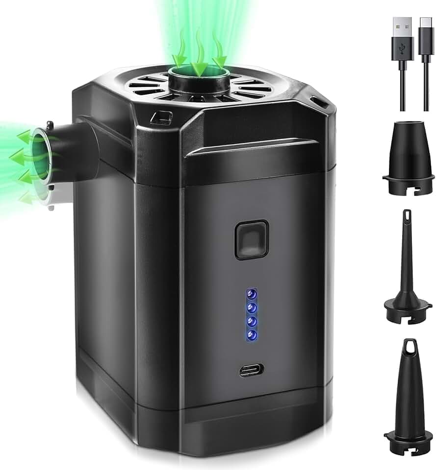Elektrische Luftpumpe Akku, Luftmatratze Pumpe 5200mAh Wiederaufladbare, 2 in 1 Inflate und Deflate Mini Elektropumpe Akku mit USB, 3 Luftdüse für Aufblasbare Matratze, Sofa, Pool, Schlauchboot