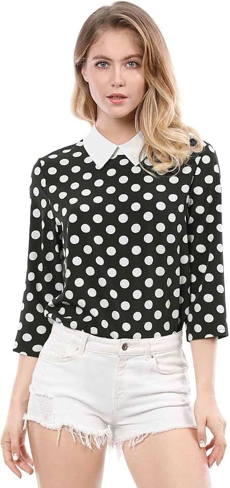 Allegra K Damen 3/4 Ärmel Blusenkragen Oberteil Polka Dots Weihnachts Elegante Top Bluse