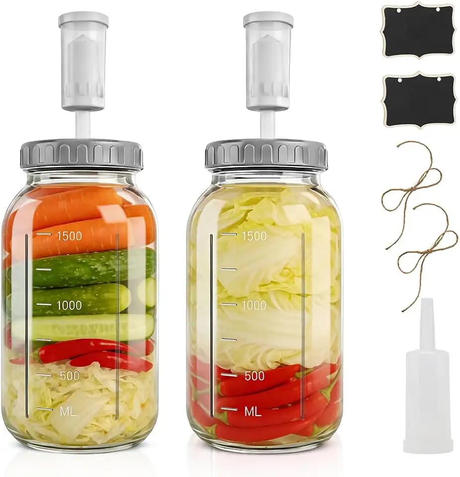 2er Fermentierglas 64oz/1.9L, Kimchi Behälter mit Luftschleuse, Groß Fermentationsglas, Glas Dosen Gläser mit Abnehmbaren Luftdichten Deckel für Sauerkraut, Kimchi, Sauerteig, Pickles