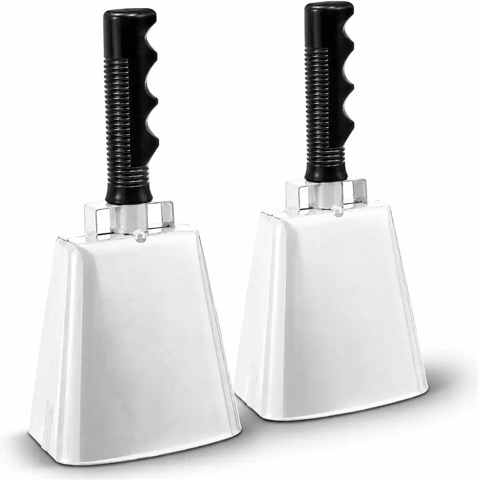 Blue Panda 9.5 Inch White Steel Cowbells Sports Noise Makers | Loud Cheering Bell for Stadium Events | School Bells Chimes Call Alarm Pack of 2
