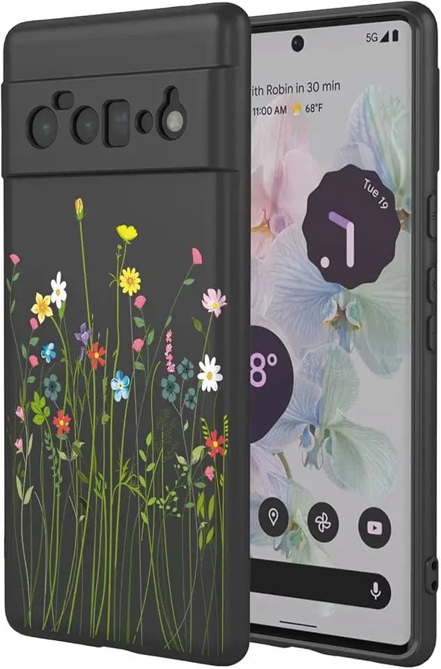 Case for Google 6 Pro Floral Phone Case Soft Touch Liquid Silicone Fluffy Lining Wireless Charging Compatible Protective Phone Cover for Google Pixel 6 Pro,Black Wildflower