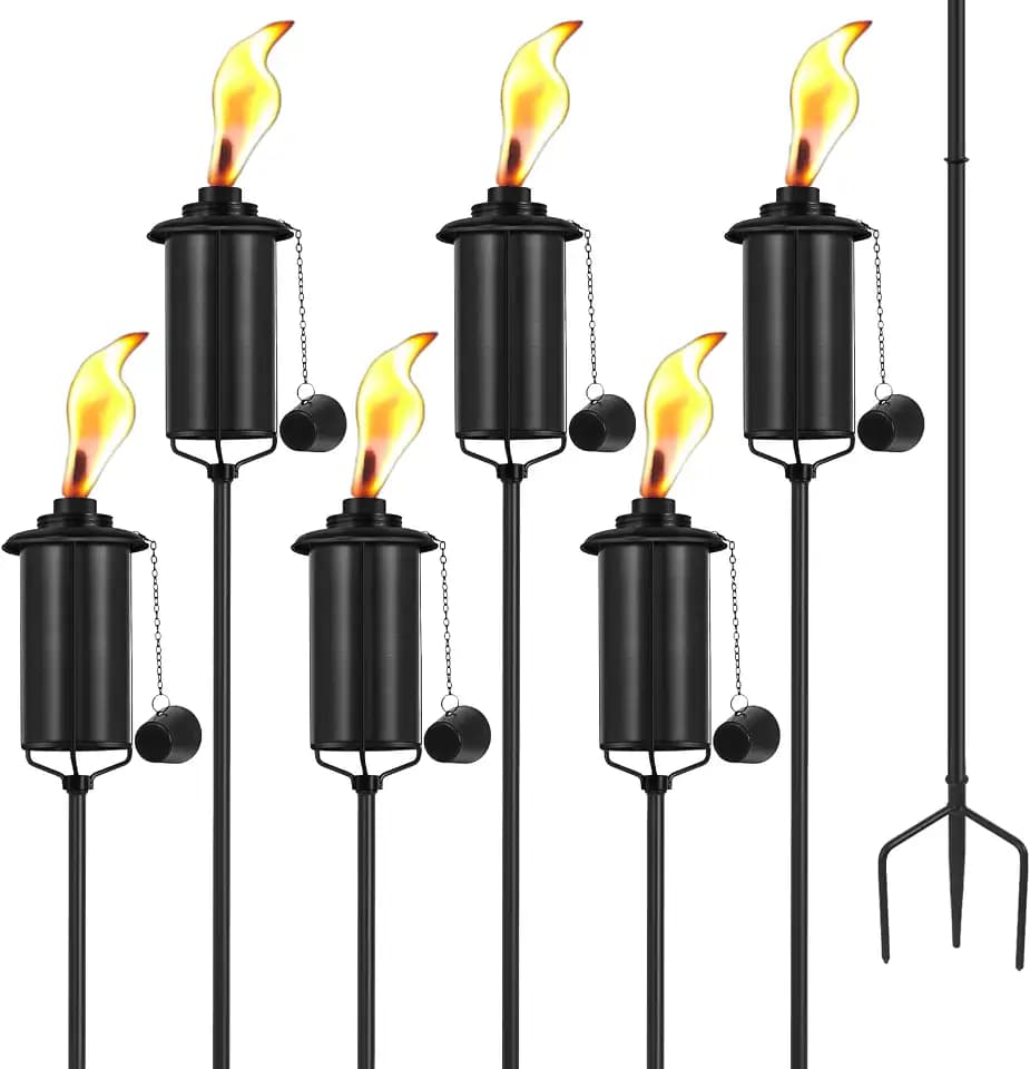 SNOGSWOG 6 Pack Garden Torches, 16 oz Metal Torch for Outside with 3-Prong Grounded Stake, Outdoor Decorative Citronella Torches, 59 inch Garden Décor Torches