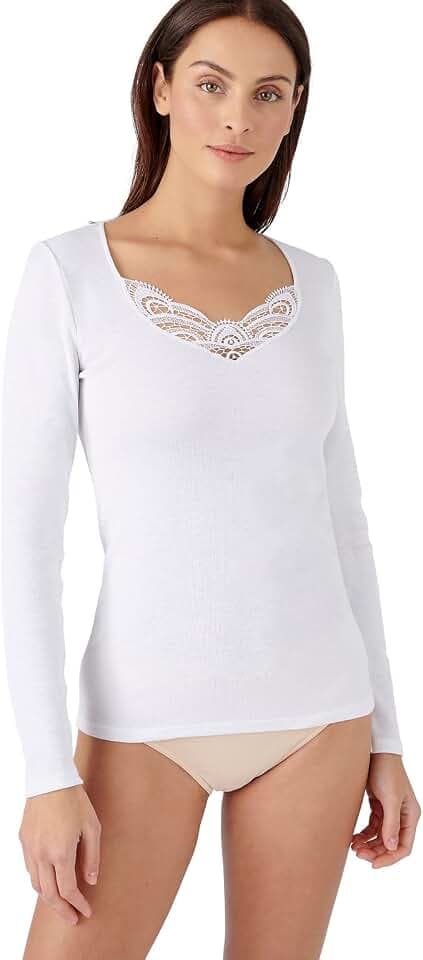 Damart Damen T-Shirt Manches Longues Fine Côte Guipure Thermolactyl T-Shirt (1er Pack)