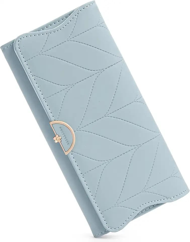 RNIEGA Leather Wallet for Women Trifold Womens' RFID Blocking Wallet Card Holder Purse Clutch with Zipper Coin Pocket,Light Blue