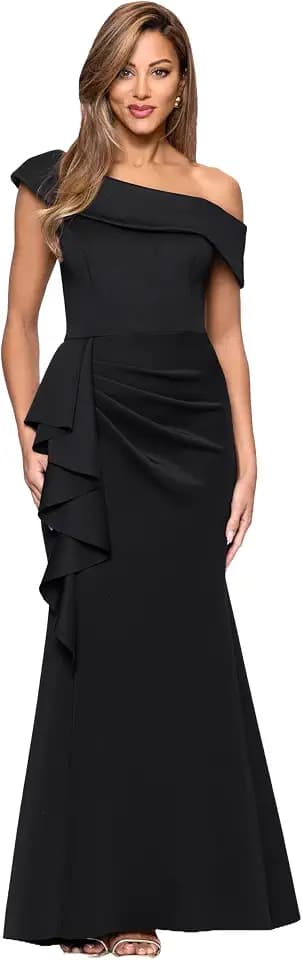 Xscape Women's Drop One Shoulder Bodycon Ruffle Draped Floor Length Dress