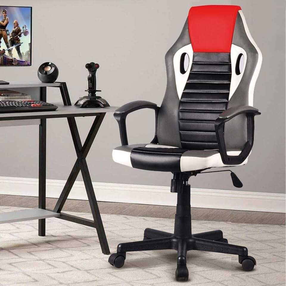 BAKAJI Ergonomischer Chefsessel, Gaming-Stuhl, Racing-Stuhl, Schreibtischstuhl aus Kunstleder, Einrichtung für Büro, Zuhause, Kinderzimmer, Konferenzraum, höhenverstellbar, drehbar und drehbar (rot)