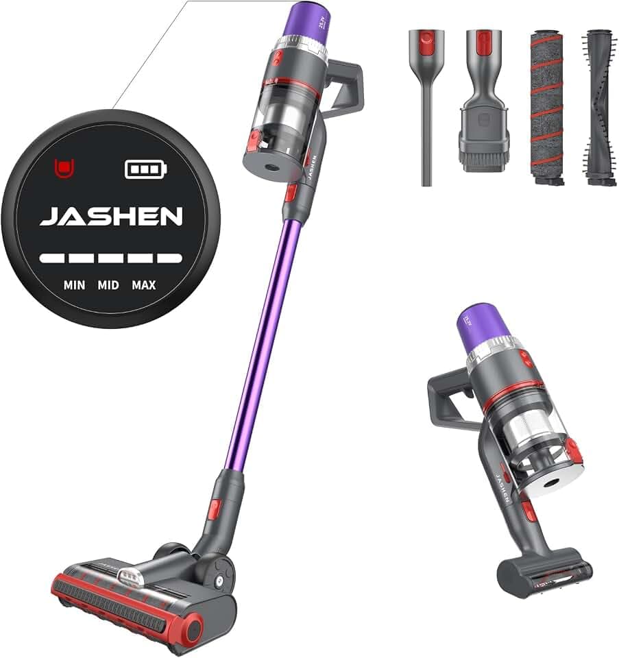 JASHEN V16 Akku-Staubsauger, Starke Saugleistung von 22.000 Pa, bis 40min, beutellos, HEPA 13, 600ml Staubtank, kabelloser Stabstaubsauger, wechselbarer Akku, mit Ladestation, Zubehör, Lila