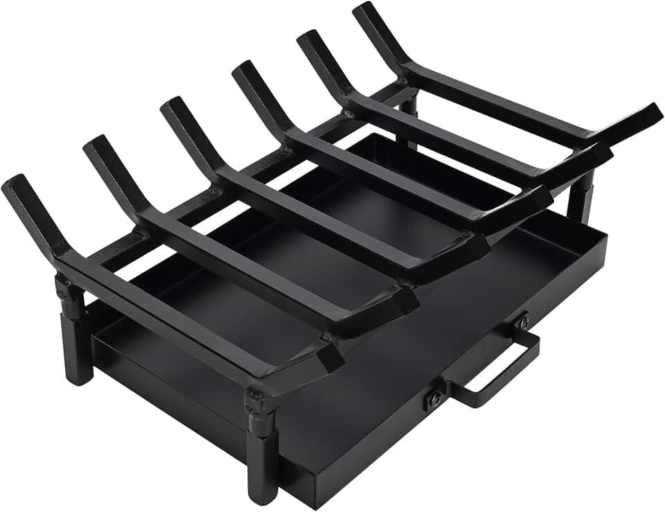 Fireplace Grate 17 Inch with Fireplace Tray Ash Pan,Fireplace Log Holder,Easy-Assembly Fireplace Grates Heavy Duty Cast Iron,Fireplace Tray for Ash Collection with Handle for Indoor Outdoor Firepit