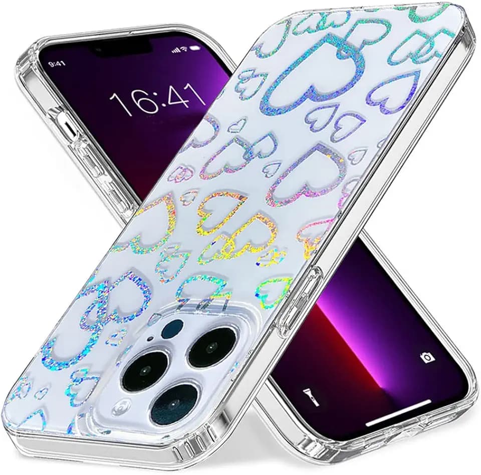 Abbery für iPhone 14 Pro Hülle Durchsichtig mit Motiv Reflektieren Herzen Glitzer Holografisch Bunt Herz Muster Transparent Case für Frauen Mädchen Stoßfeste Schutzhülle Handyhülle für iPhone 14 Pro